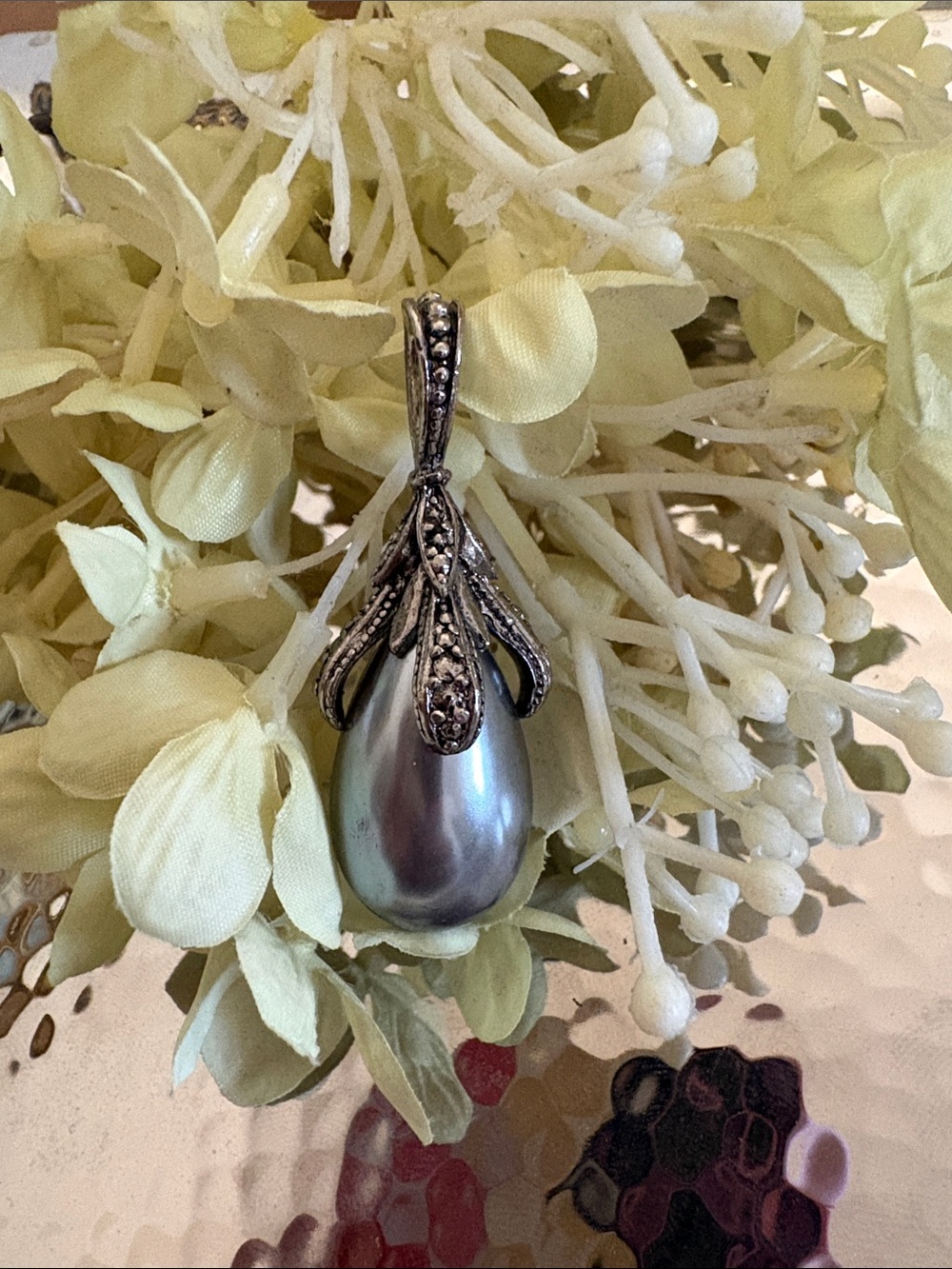 Silver Drop Pearl Pendant with Ornate Bail